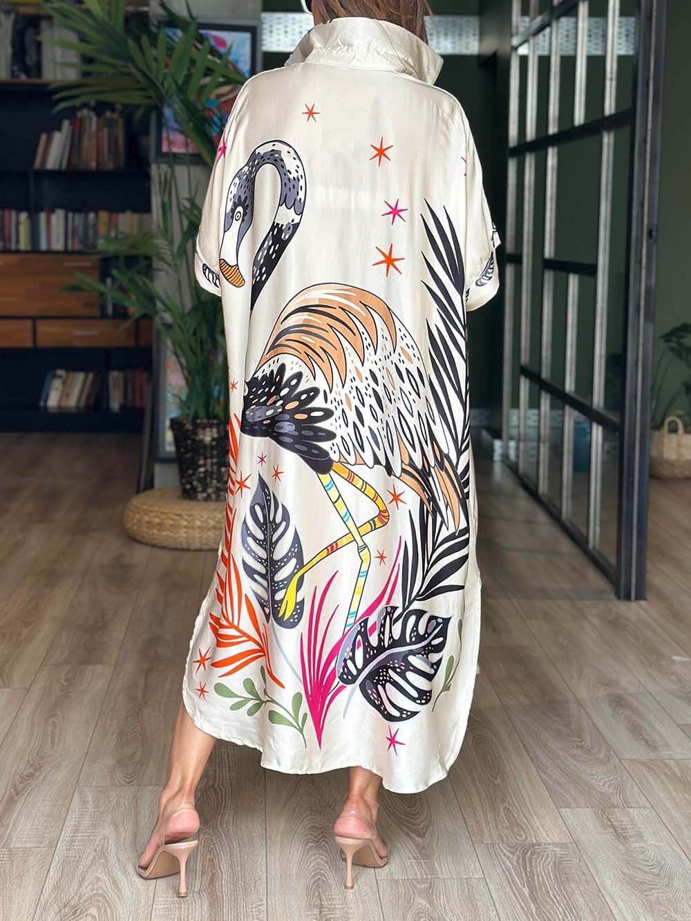 Cream Flamingo Printed Belgium Silk Tunic Shirt Dress